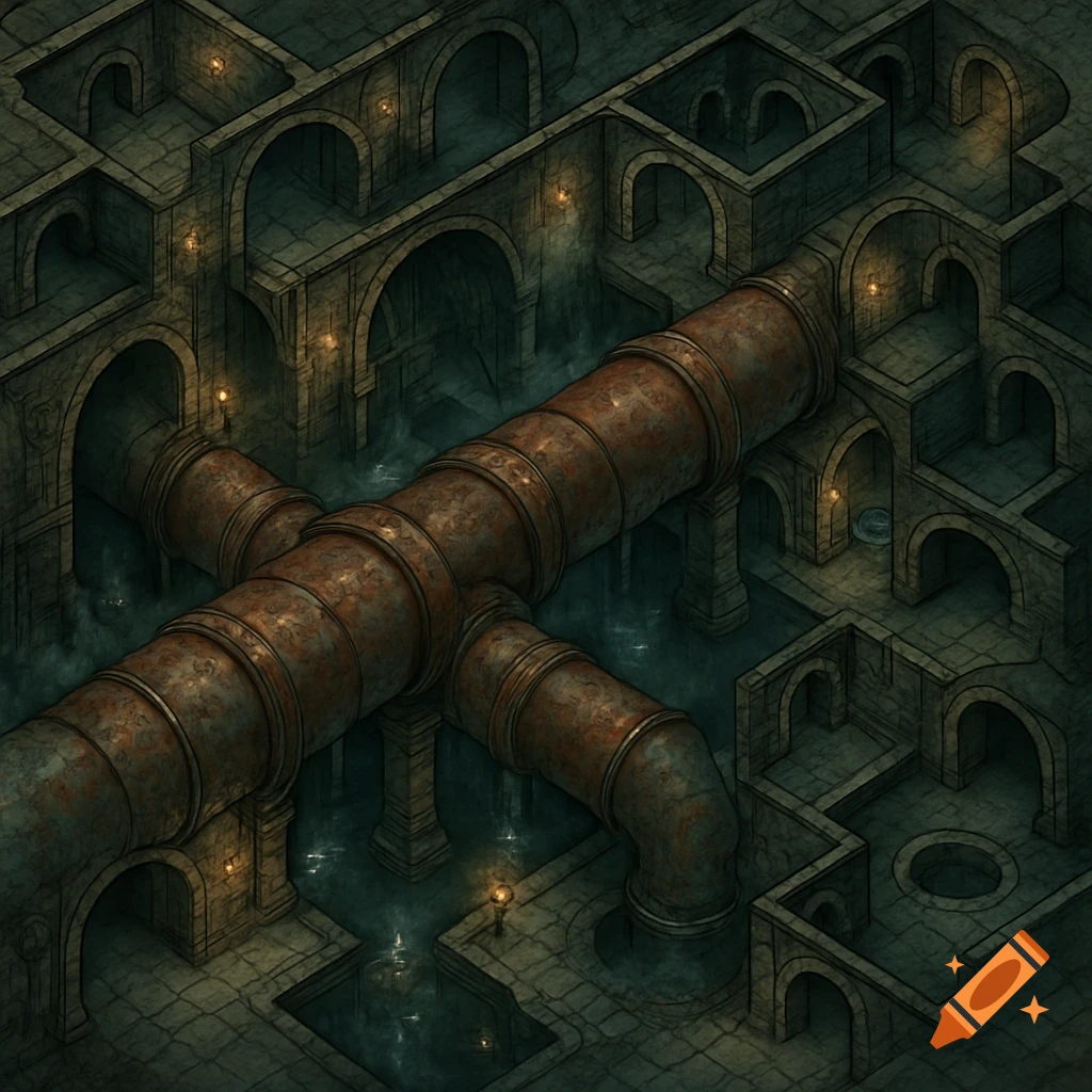 An isometric view of a dark, intricate fantasy dungeon map featuring a large rusted industrial pipe running through flooded stone aqueducts and archways.