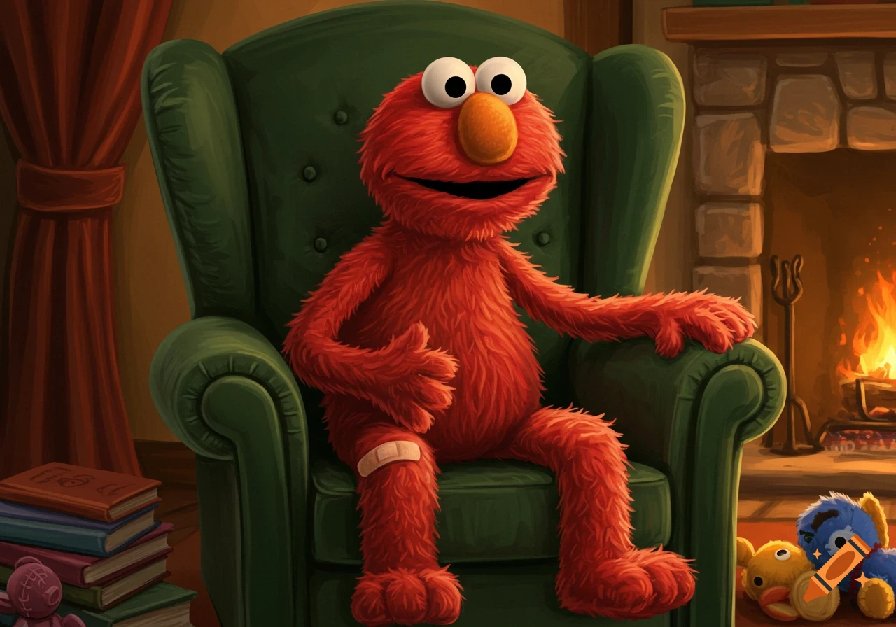 Elmo, a red furry monster, sits in a green armchair by a fireplace with a bandage on his knee, in a stylized illustration.