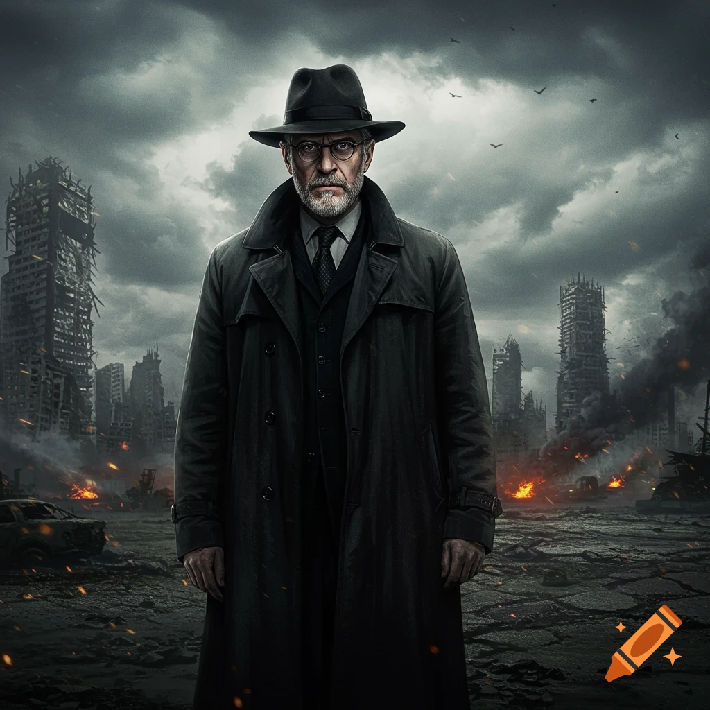 A serious man in a fedora and trench coat stands in a devastated, post-apocalyptic city under a cloudy sky.
