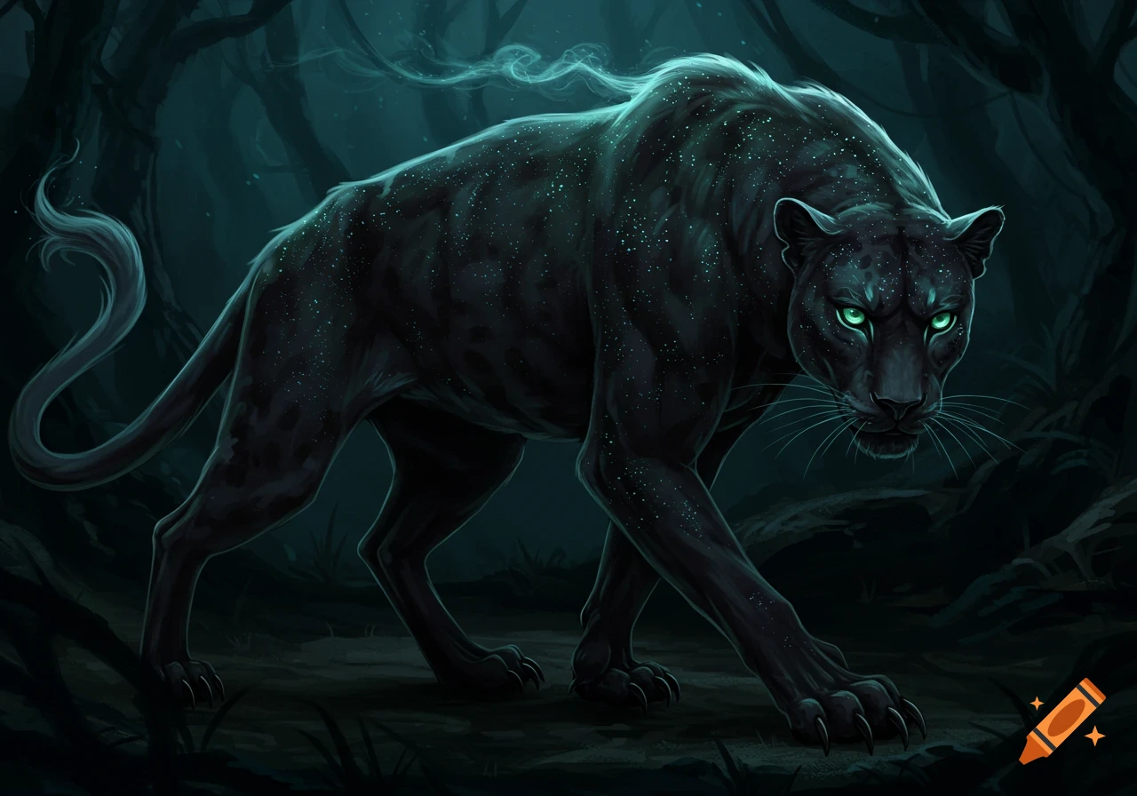 A mystical vanta black panther with glowing green eyes and sparkling fur stalks through a dark, ethereal forest.
