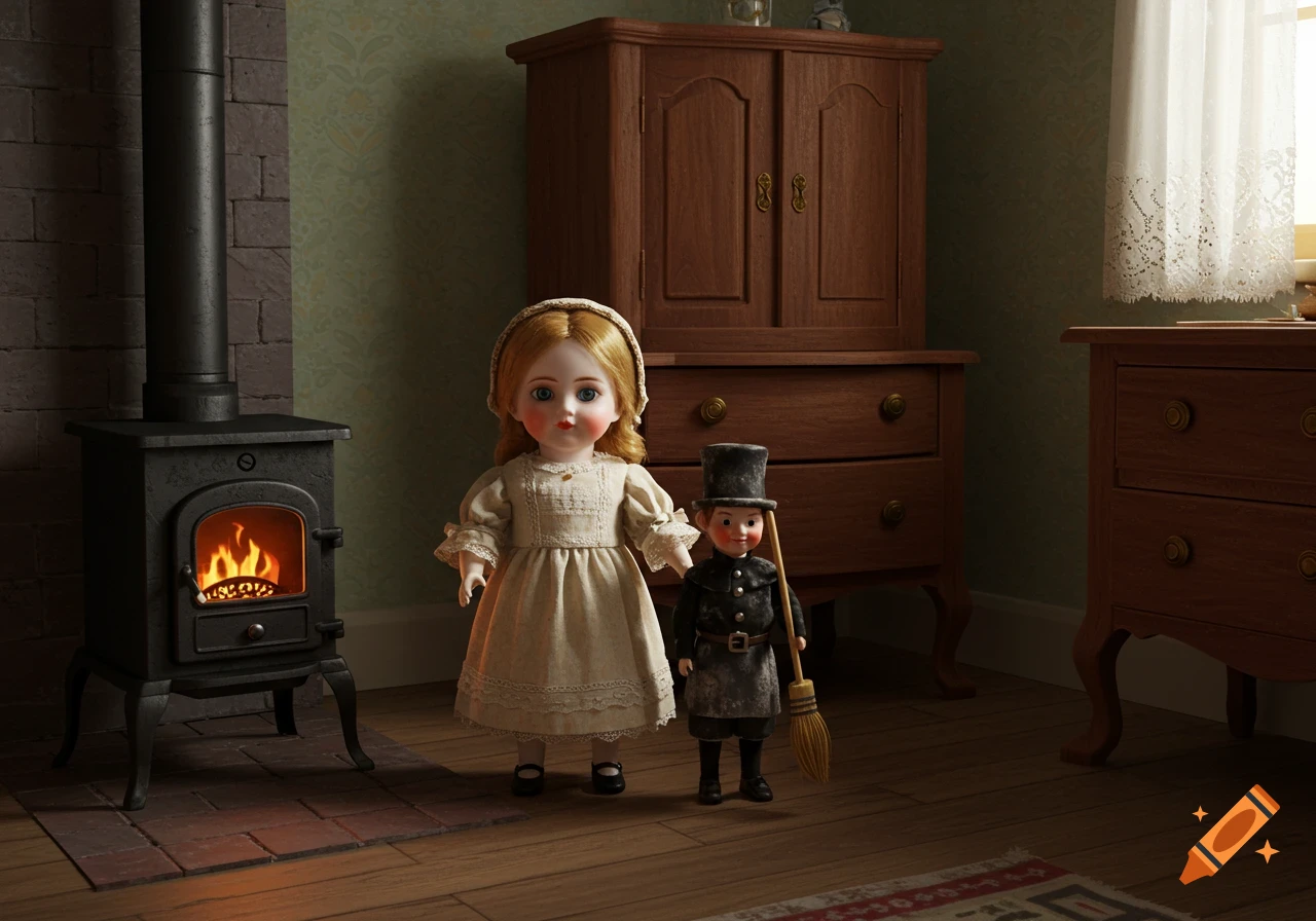 A porcelain doll girl and a chimney sweep doll stand in a dim Biedermeier-style room with a burning wood stove and wooden furniture.