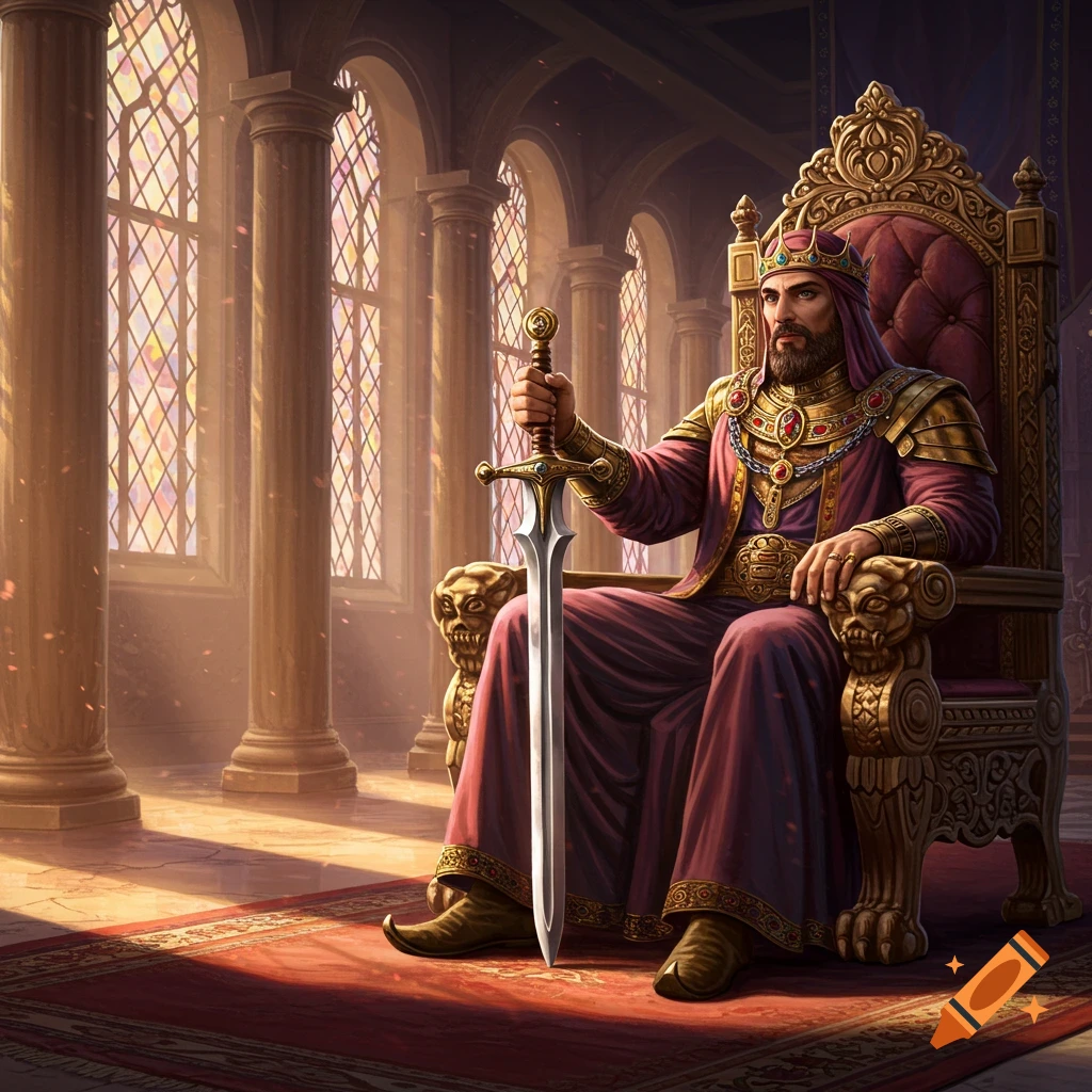 A bearded king with a crown and rich attire sits regally on an ornate golden throne, holding a sword in a grand hall.