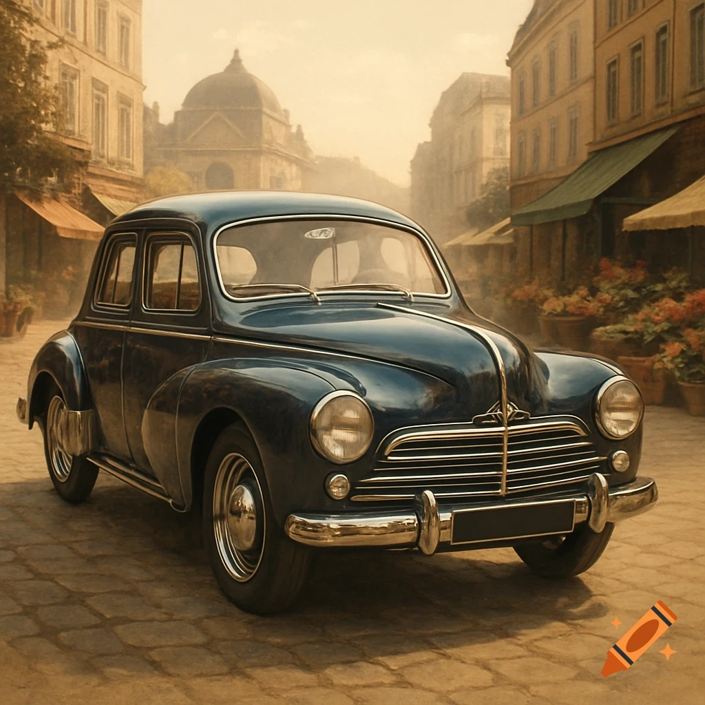 A dark blue vintage car parked on a cobblestone street in a European city, with old buildings and awnings in the background under a hazy sky.