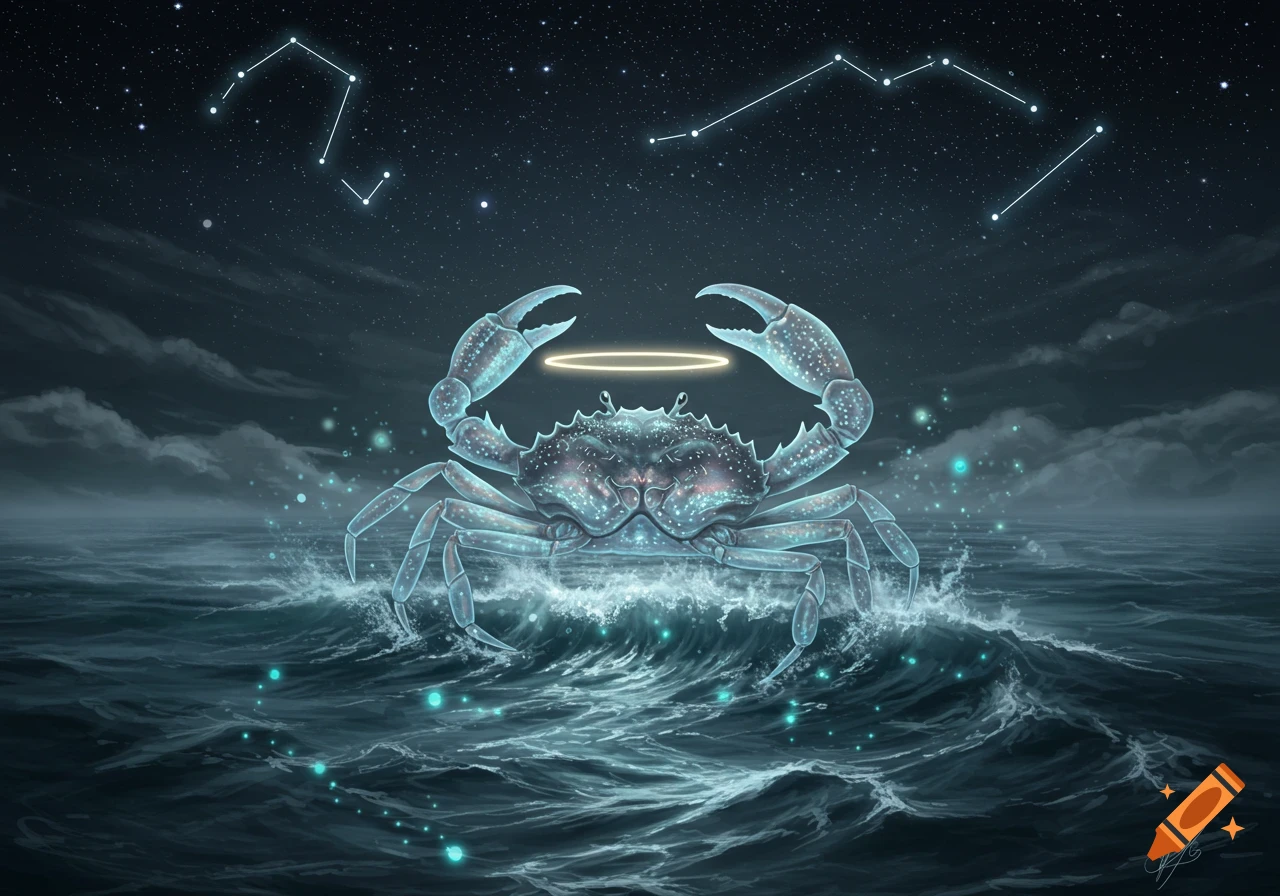 A mystical, glowing blue crab with a halo emerges from dark ocean waves under a starry night sky with constellations.