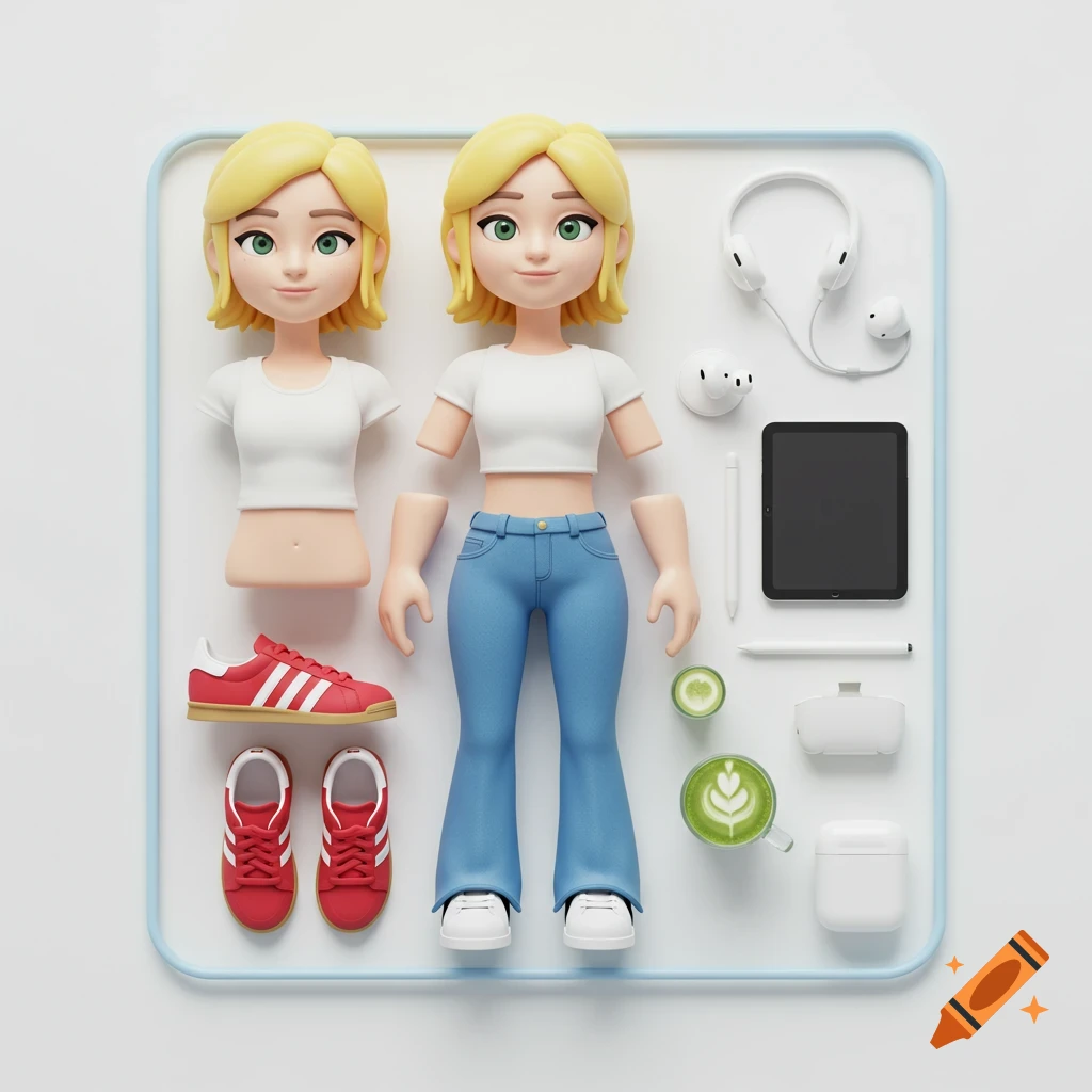 3D render of a disassembled blonde girl figurine in white crop top and blue jeans, with red sneakers, tablet, headphones, and matcha latte on a white background.