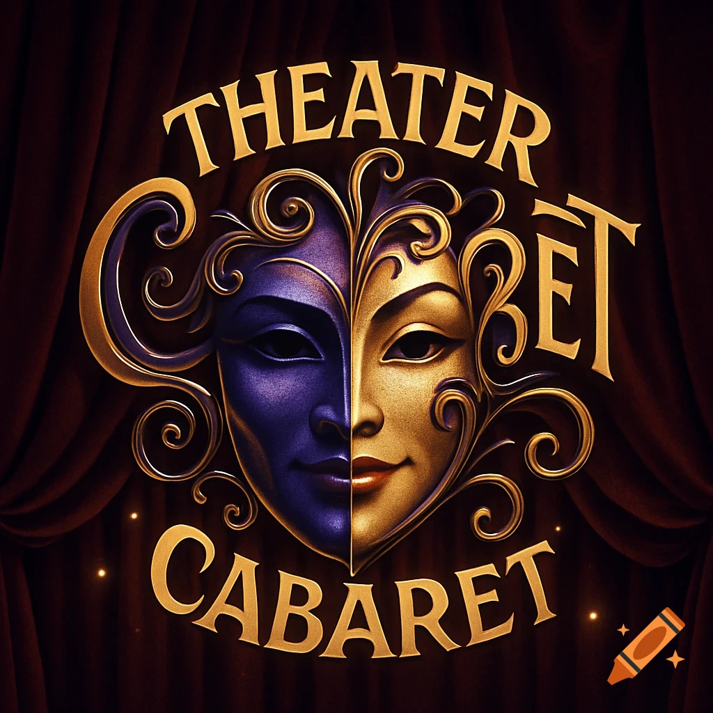 A stylized golden logo for 'THEATER CABARET' featuring a split, ornate mask, one half purple and one half gold, against a red velvet curtain background.