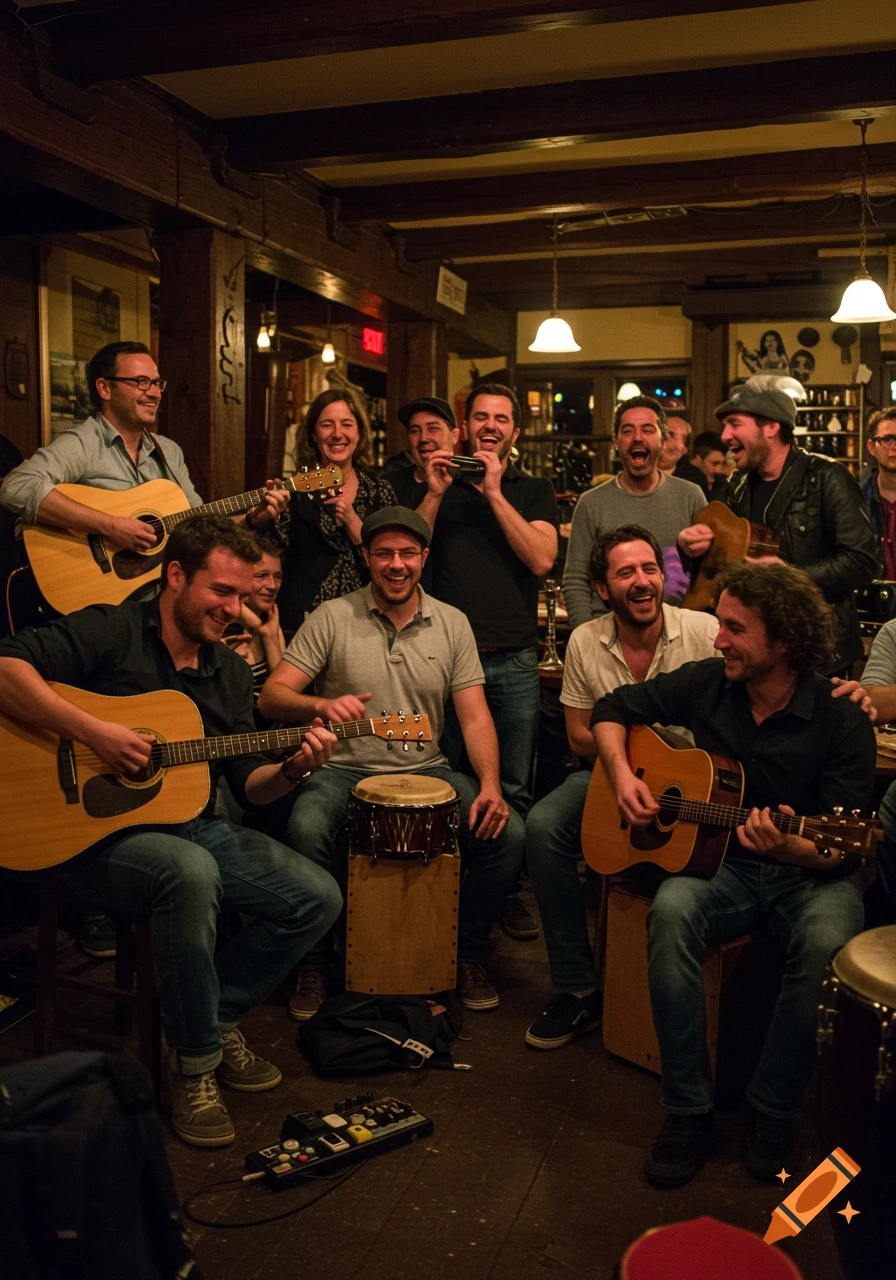A group of cheerful musicians plays acoustic guitars, harmonicas, and a cajon in a cozy bar, sharing smiles.