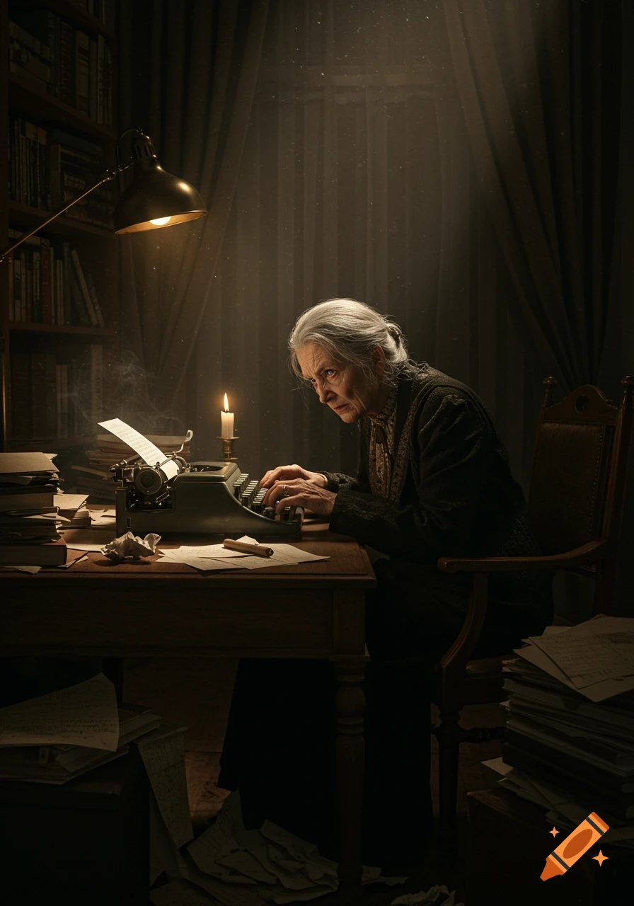 An elderly woman with gray hair intensely types on a vintage typewriter in a dimly lit, cluttered room, illuminated by a desk lamp and candle.