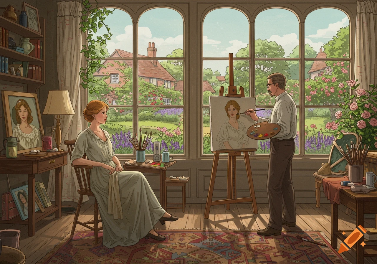 A painter's studio illustration in vintage style, showing a woman posing for a man painting her portrait by large windows overlooking an English garden.