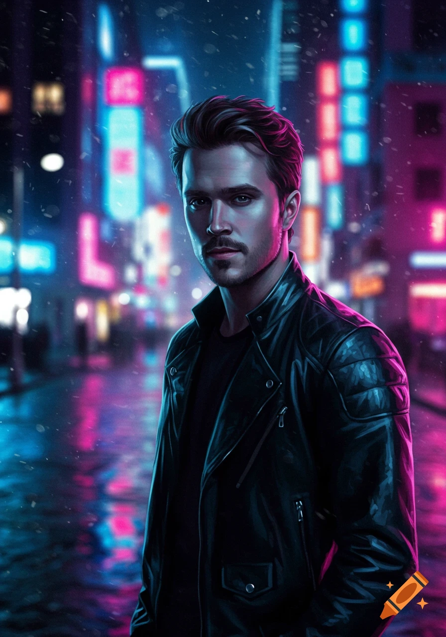 A man in a leather jacket with a mustache stands in a neon-lit cyberpunk city street at night.