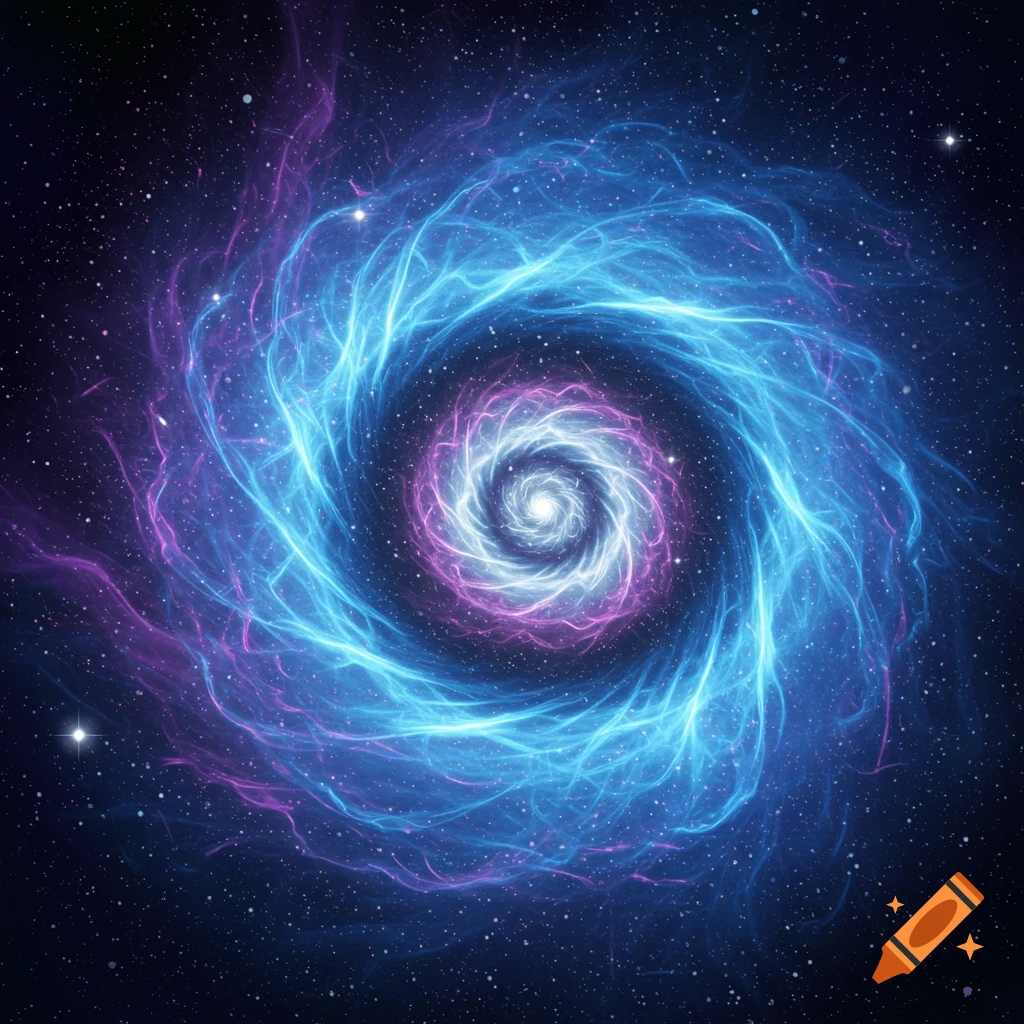 A vibrant spiral nebula of blue and purple gases, swirling in a star-filled dark blue and black cosmic background.