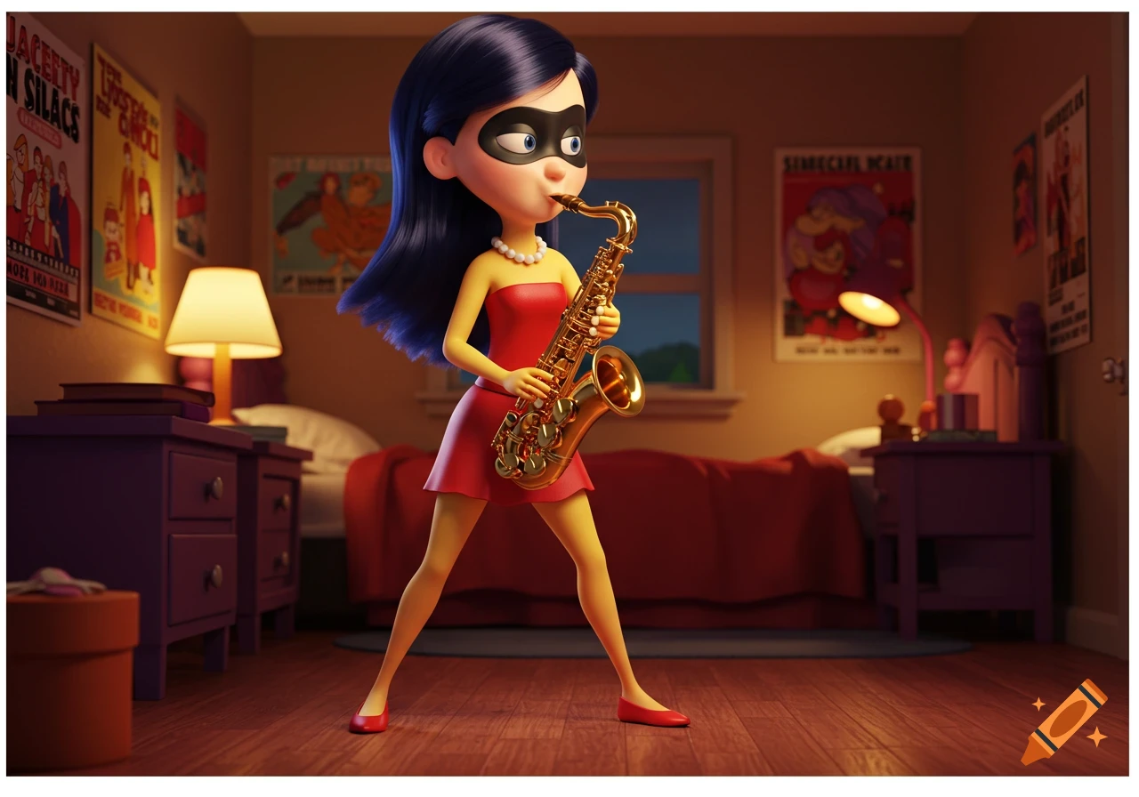 A 3D animated character, resembling Violet from The Incredibles, with dark hair and a black mask, wears a red strapless dress and a pearl necklace while playing a golden saxophone in a dimly lit bedroom.
