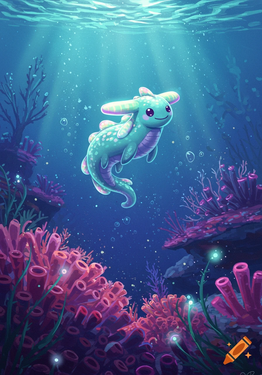A cute, smiling teal fantasy creature with large ears and a spotted back swims in a vibrant underwater scene with pink and purple coral, illuminated by sun rays.