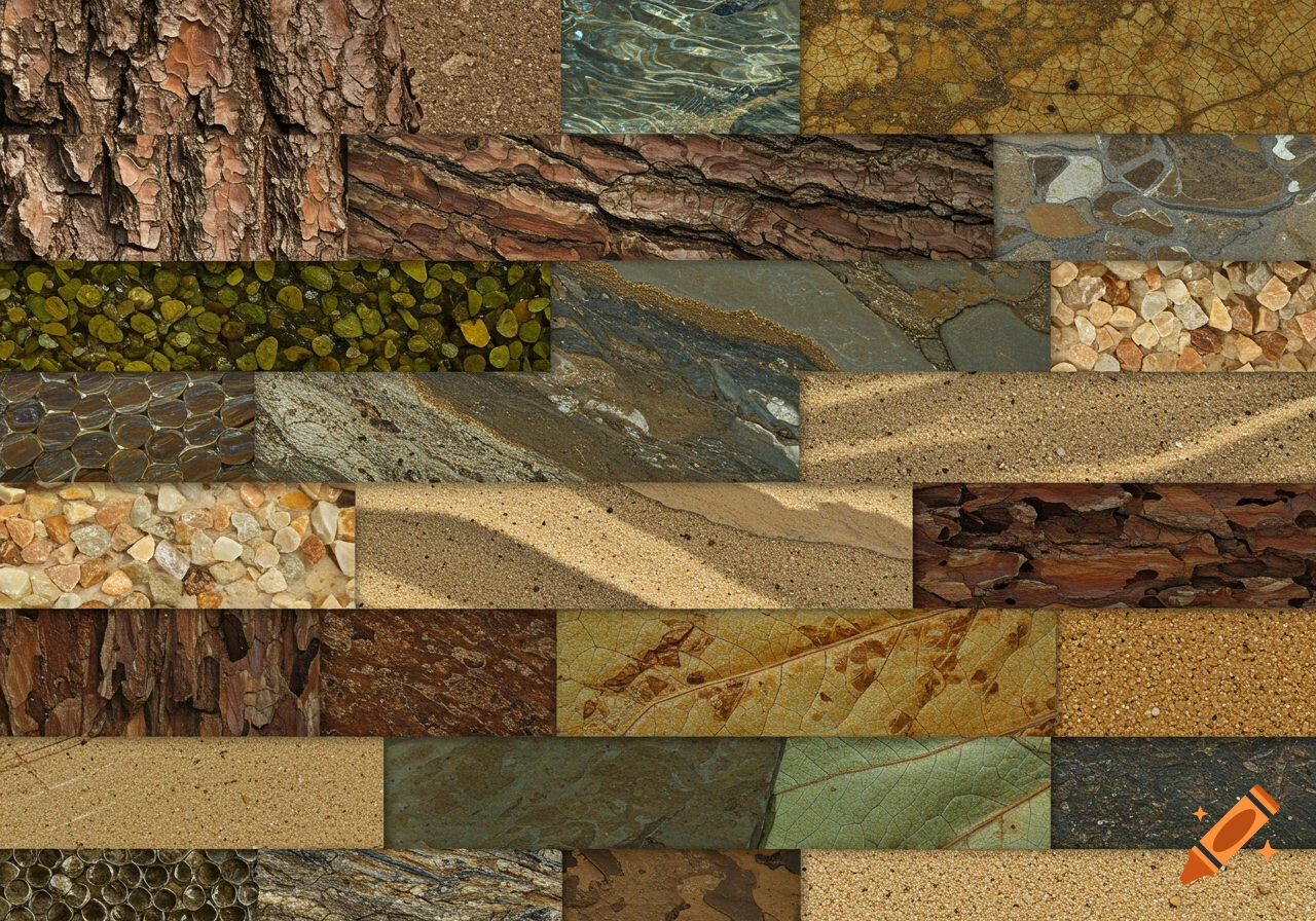 A mosaic collage of various natural textures including tree bark, sand, water, pebbles, stone, and leaves.