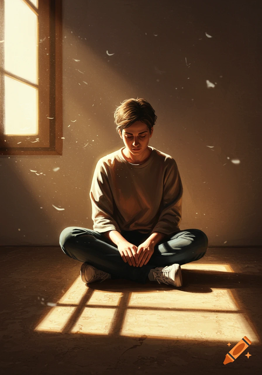 A contemplative person sits on the floor, head bowed, illuminated by window light and floating dust in a digital art style.