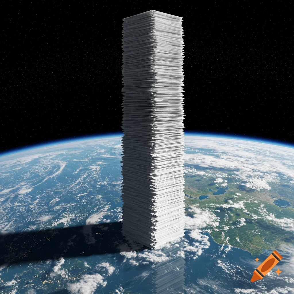 A colossal stack of white A4 paper towers from the Earth's surface, reaching far into the dark, star-filled space.