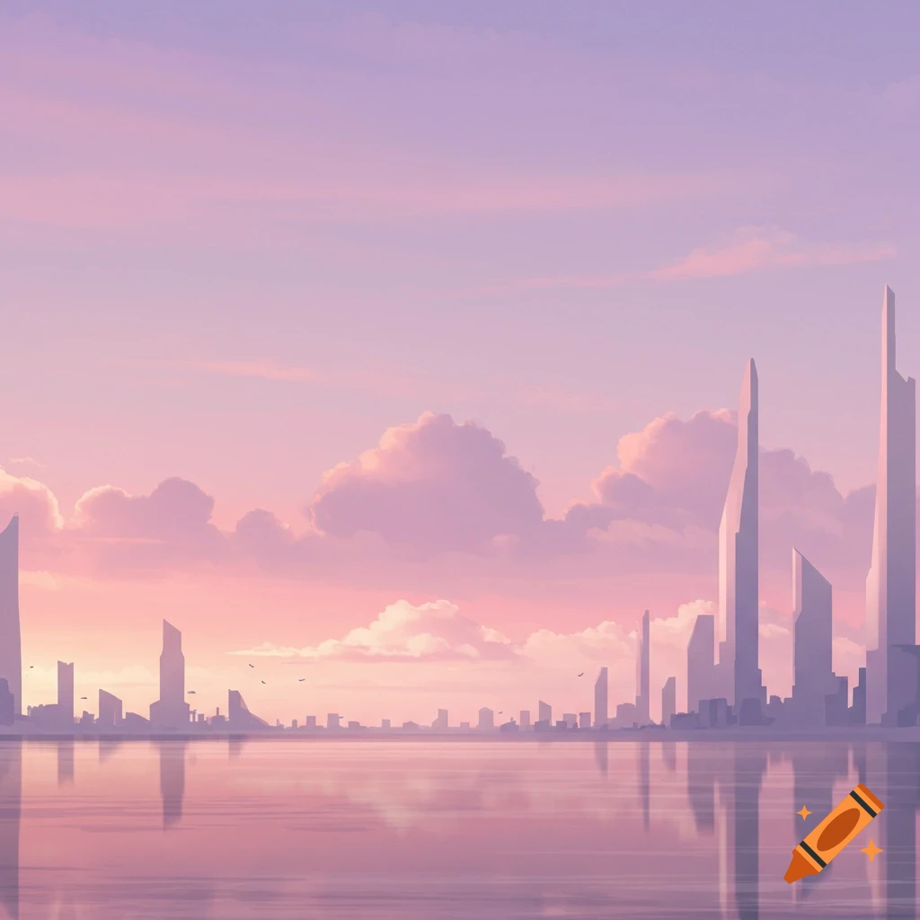 Minimalist futuristic cityscape at sunset, with tall buildings reflected in calm water under a pastel pink and purple sky.
