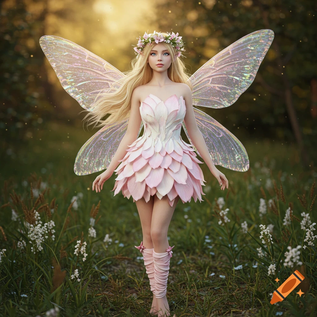 Photorealistic blonde fairy with blue eyes, a flower crown, a pink petal dress, and iridescent wings stands in a sunlit forest.