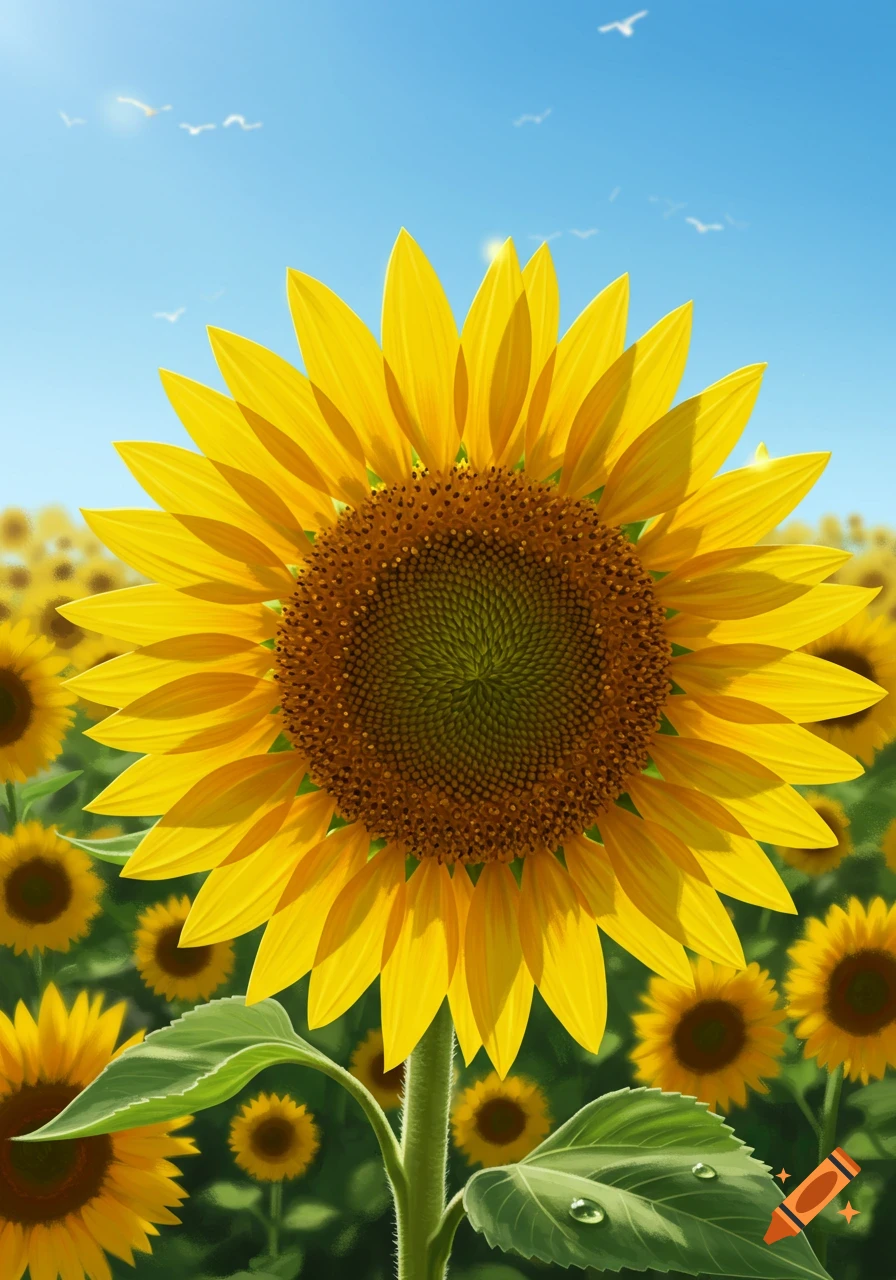 A vibrant yellow sunflower with a brown center stands tall in a sunlit field under a clear blue sky.