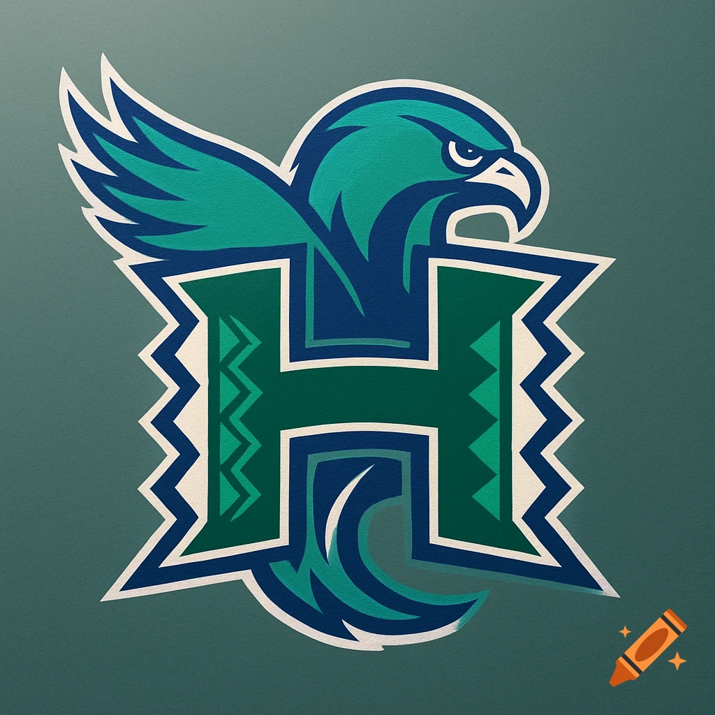 Stylized green and blue eagle logo with a prominent letter H on a textured teal background.