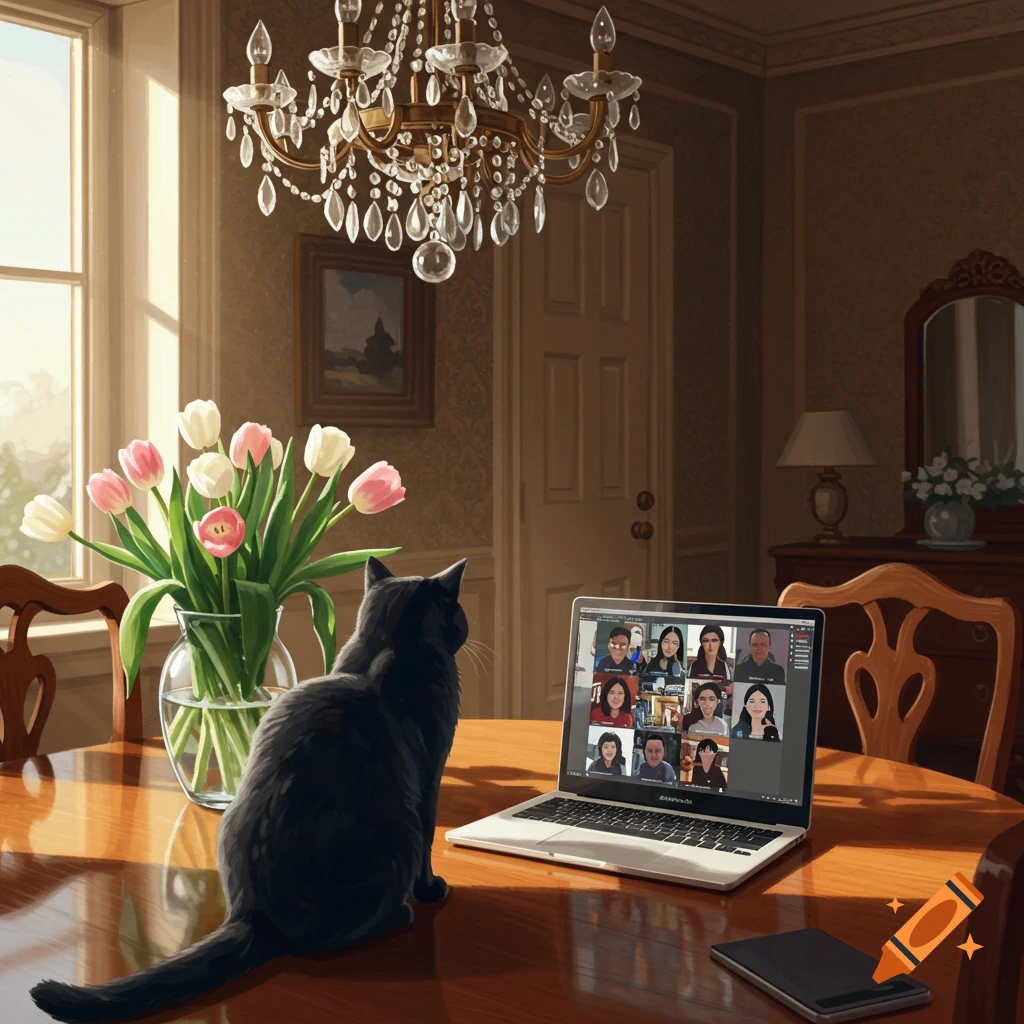 A black cat sits on a dining table, looking at a laptop screen displaying a video call, next to a vase of tulips.