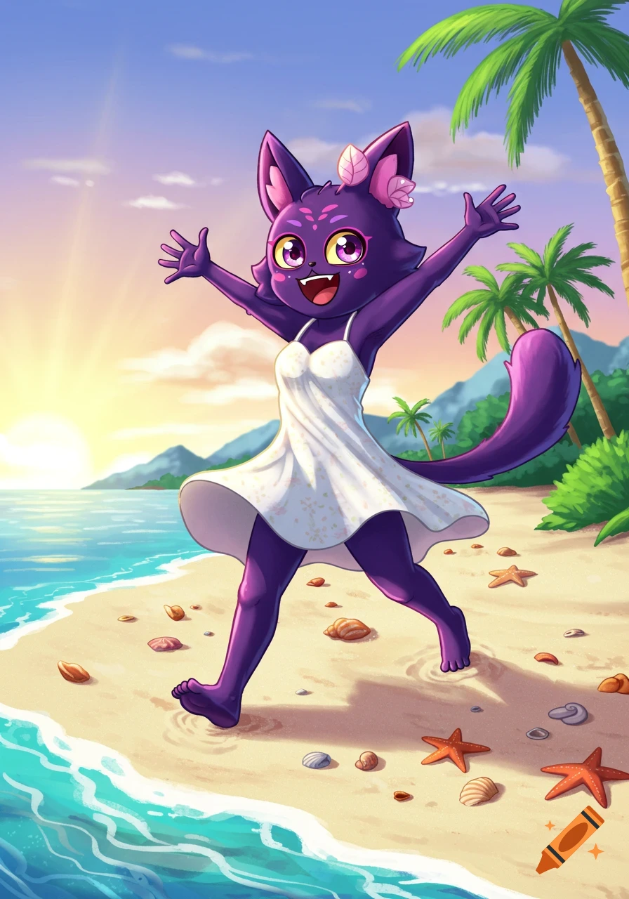 A cheerful purple anthropomorphic cat-like creature in a white dress runs on a sandy beach at sunset, cartoon style.