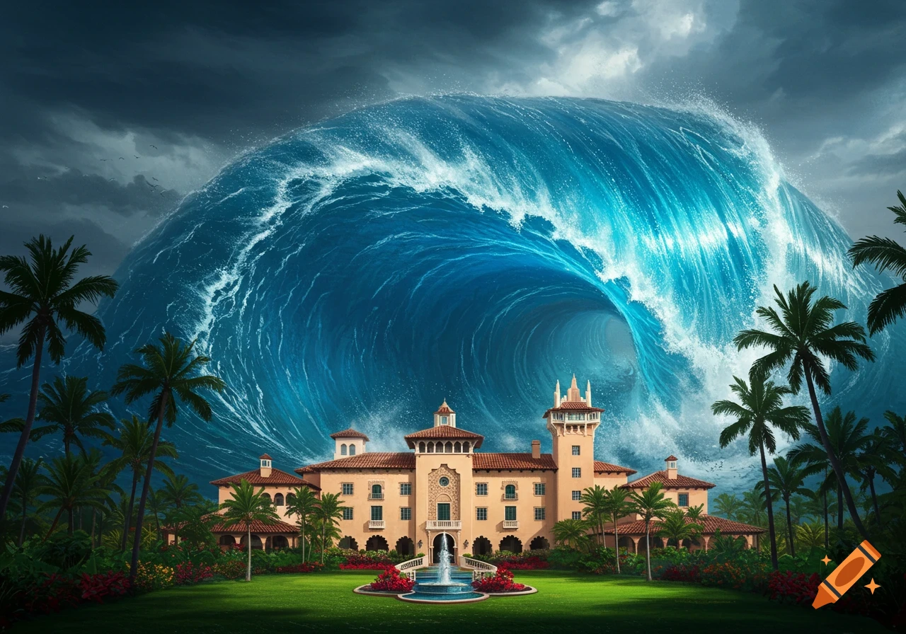 A massive blue tsunami wave looms over a grand, ornate building with palm trees and a green lawn under a dark, stormy sky.