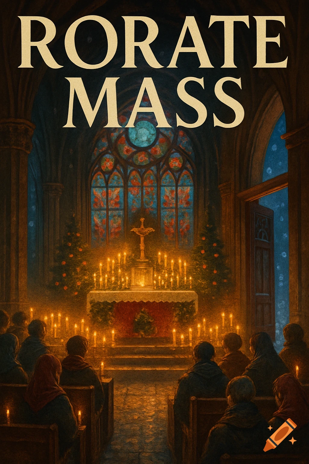 A dim church interior during a Rorate Mass, with many candles illuminating the altar and congregation, beneath stained glass windows. Text reads "RORATE MASS".