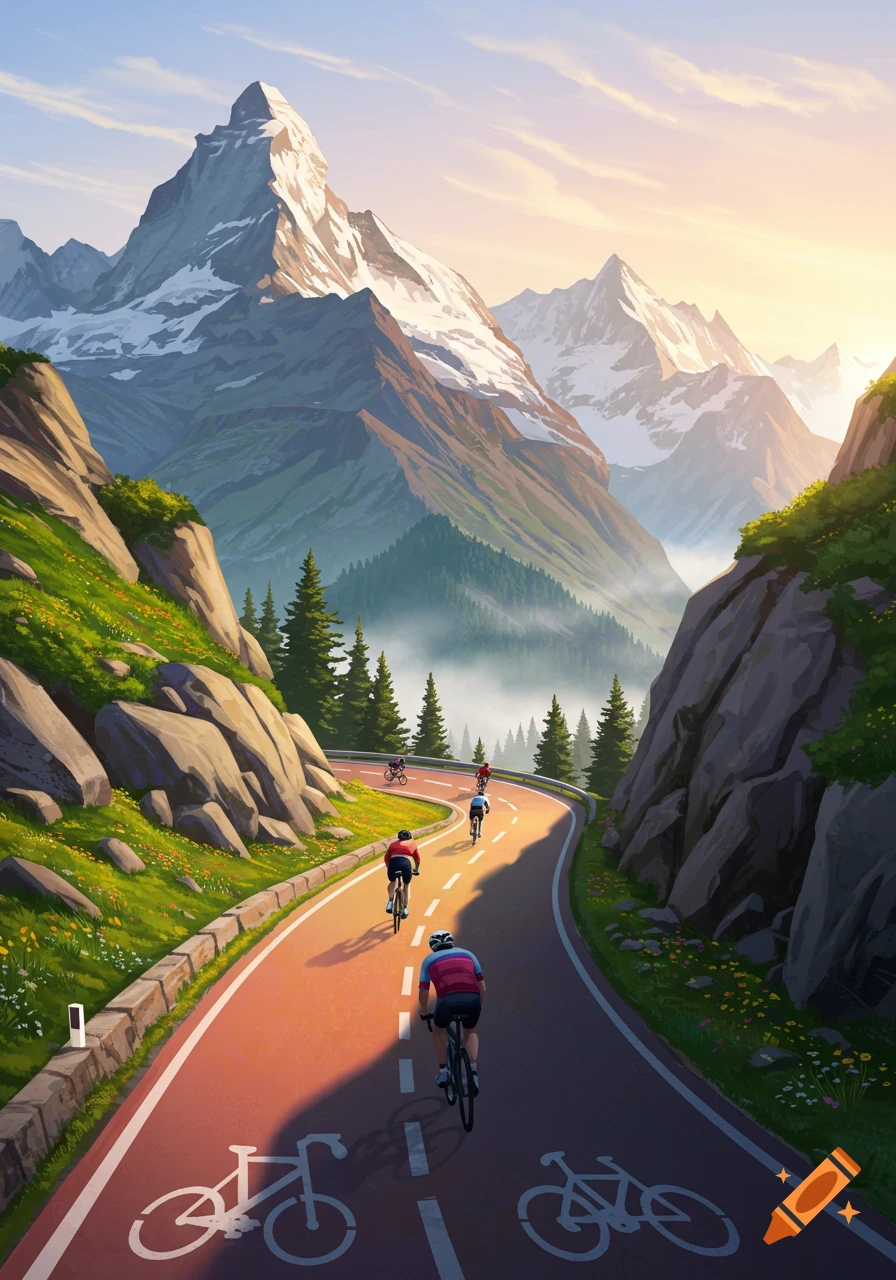 Cyclists ride down a winding mountain road with snow-capped peaks and pine trees in a vibrant illustration.