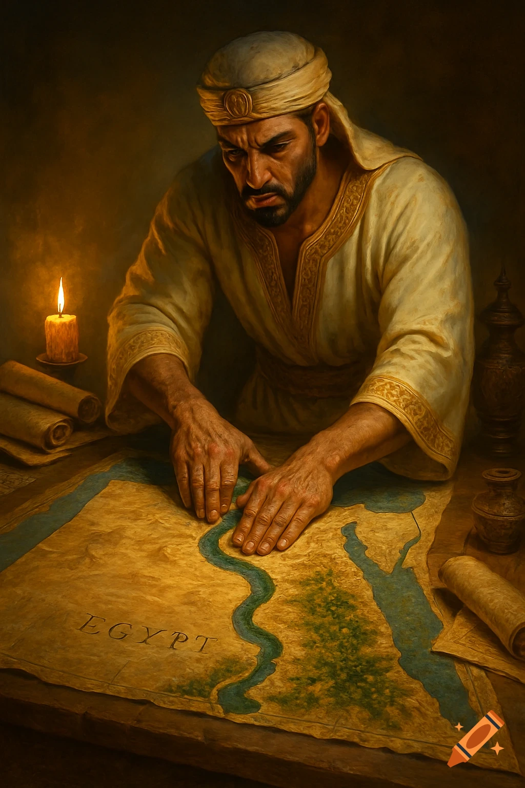 A man in ancient robes and turban intently studies a map of Egypt by candlelight, hands on the Nile River.