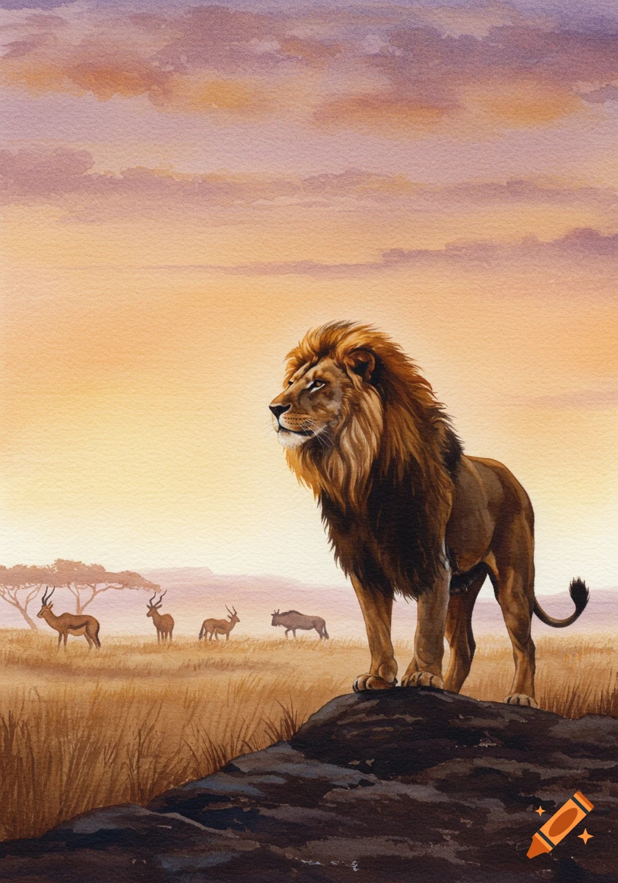 A majestic watercolor painting of a lion on a rocky hill in the African savanna at sunset, with other animals in the background.