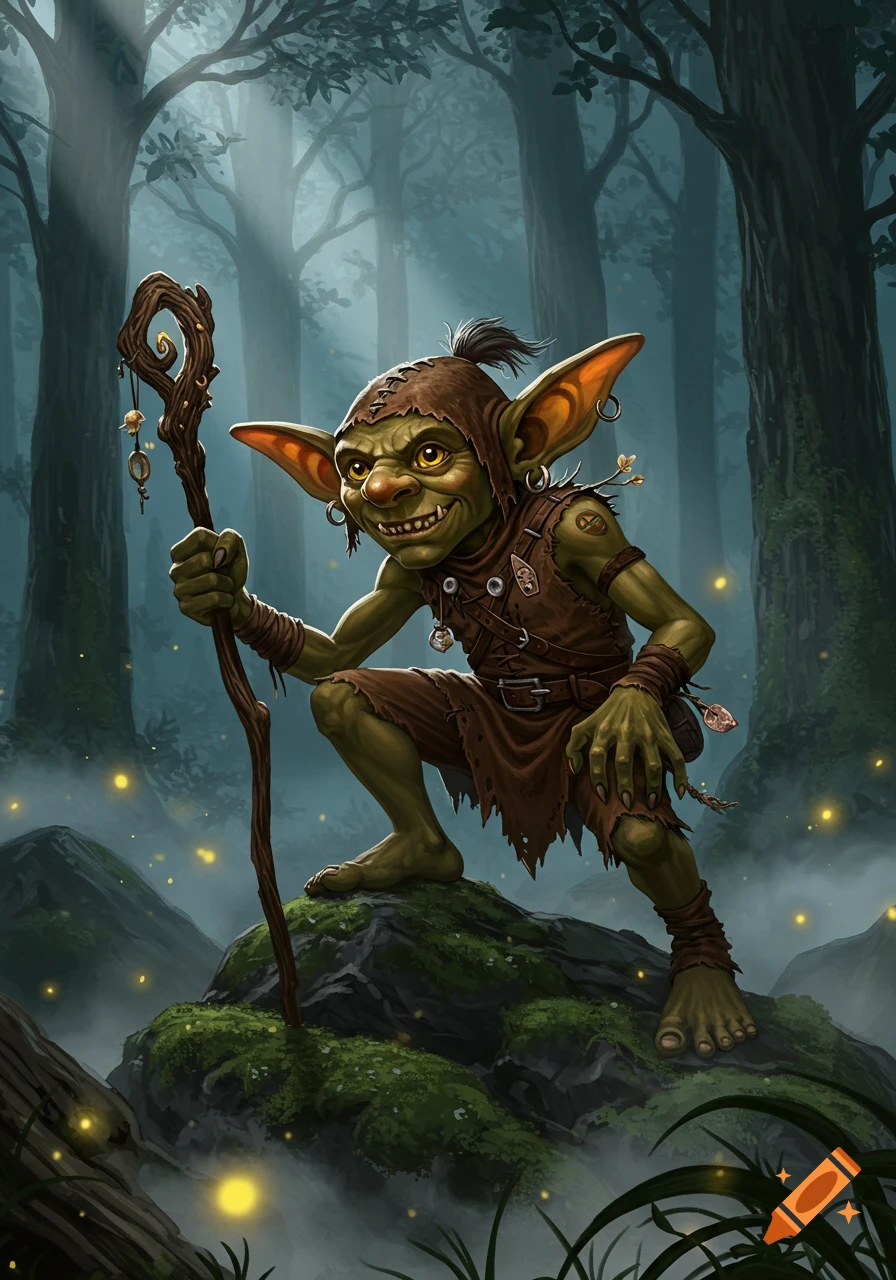 A detailed illustration of a green goblin squatting on a mossy rock in a mystical forest, holding a gnarled staff.