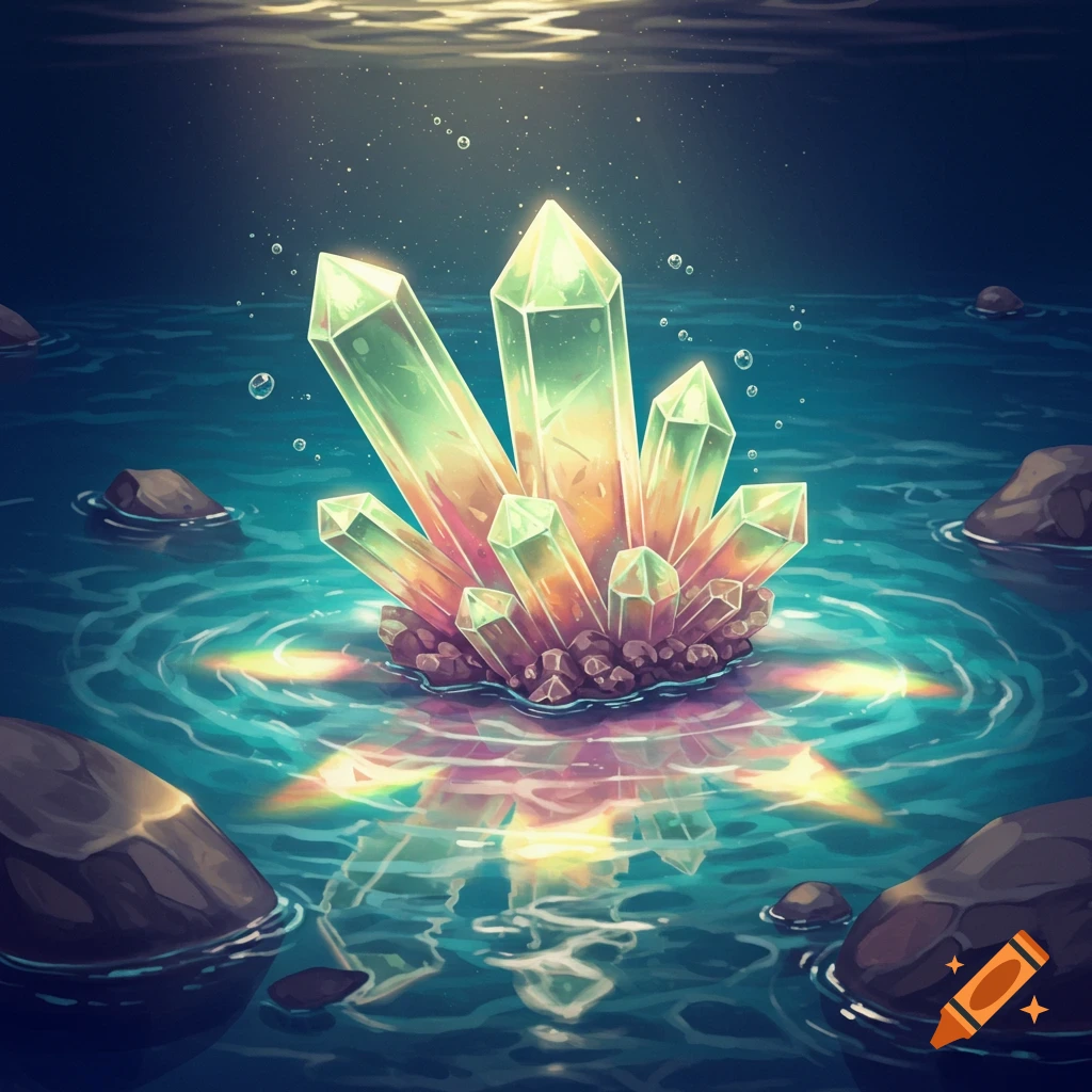 A cluster of glowing green and orange crystals rises from dark blue water, surrounded by ripples and rocks, in a fantasy illustration.