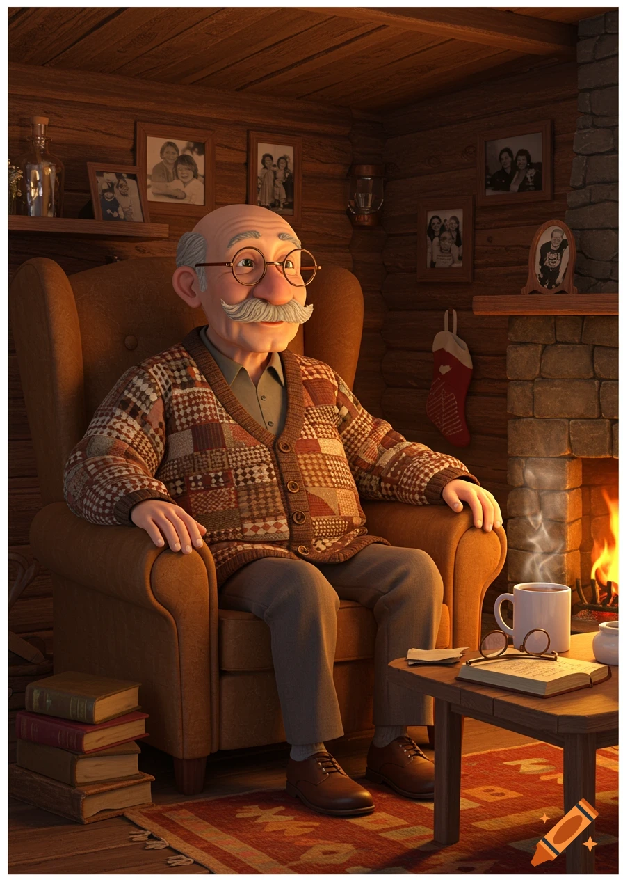 A smiling, grandfatherly man in a patterned sweater sits in an armchair by a fireplace in a cozy wooden cabin.