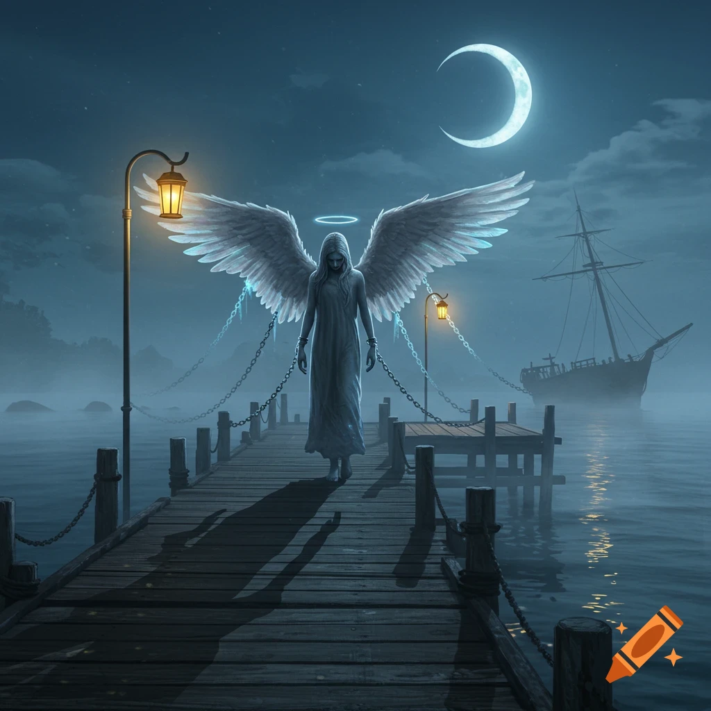 A somber angel with large white wings and chains walks on a moonlit dock with a shipwreck in the misty background, lit by lanterns.