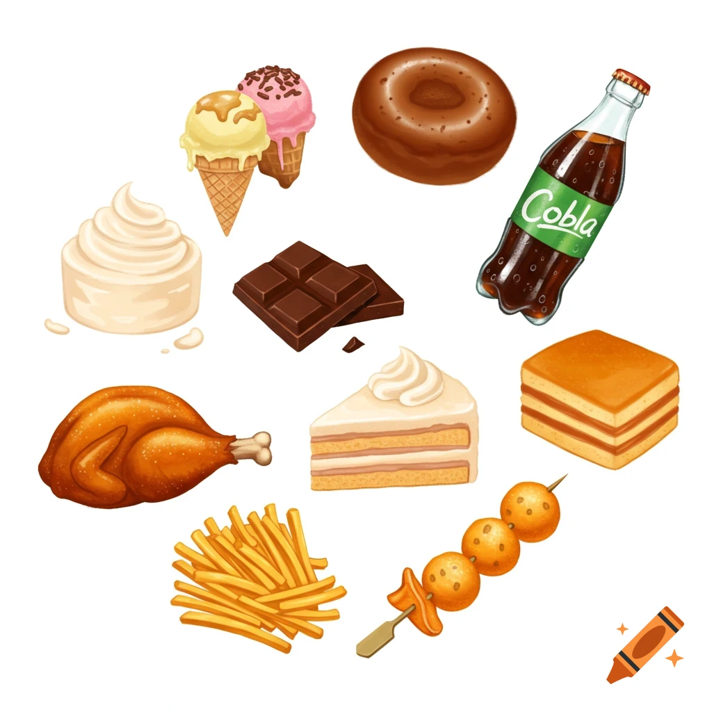A collection of cartoon-style food items on white background including ice cream, doughnut, soda, chocolate, cake, roasted chicken, fries, and a skewer.