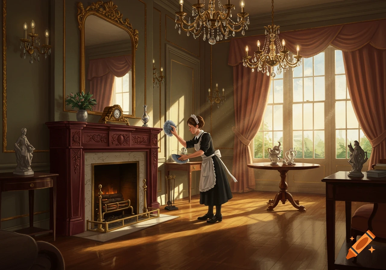 A housemaid cleans an elegant, sunlit room with a fireplace, large windows, and chandeliers, in a realistic digital painting style.