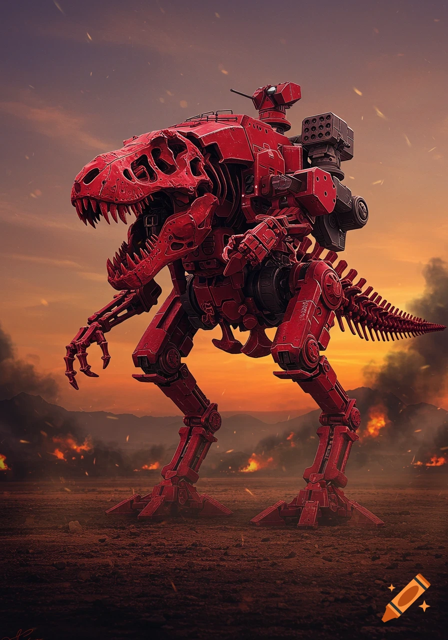 A red mechanized T-Rex robot with missile launchers stands on a desolate, fiery battlefield under an orange sky.