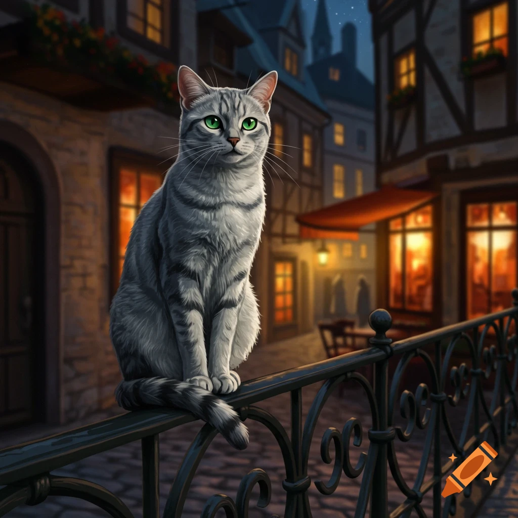 A gray tabby cat with striking green eyes sits on a black wrought-iron railing in a warmly lit European-style street at night, digital art.