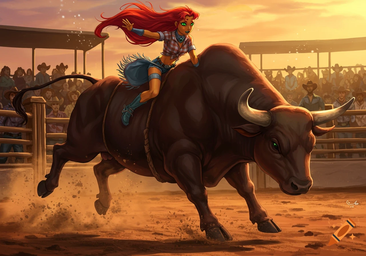 Starfire from Teen Titans riding a bucking bull in a rodeo arena with a crowd watching, illustrated in a vibrant comic art style.