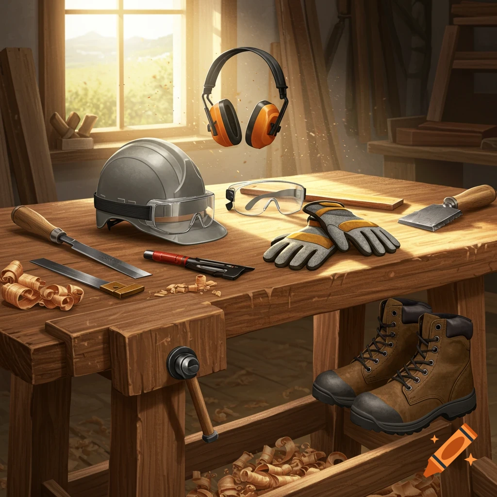 Woodworking safety equipment including hard hat, safety glasses, ear protection, gloves, work boots, and tools on a workbench.