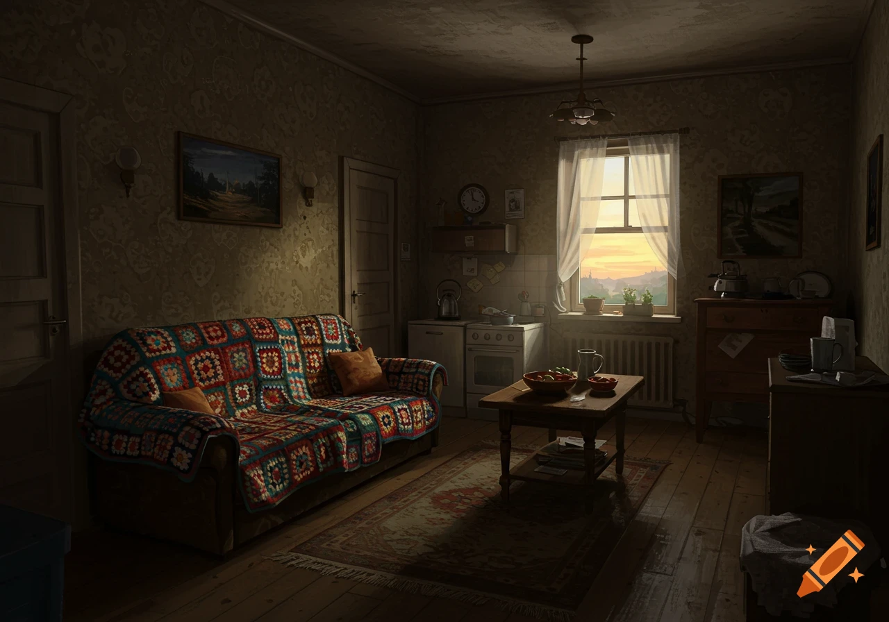 A dimly lit, worn-down room with a sofa covered in a colorful crochet blanket, a wooden table, and a window showing a sunset.