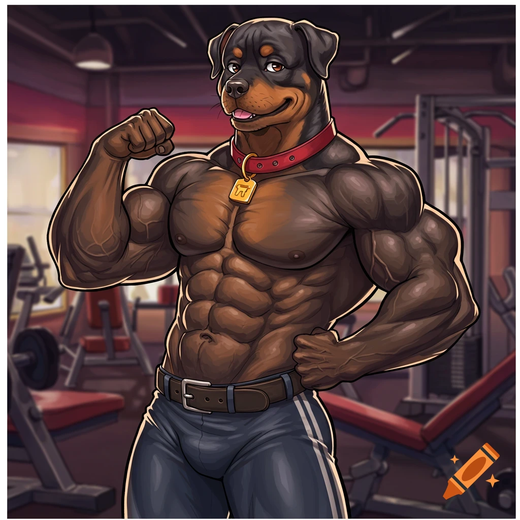 A muscular anthropomorphic rottweiler in a red collar and tight pants ...