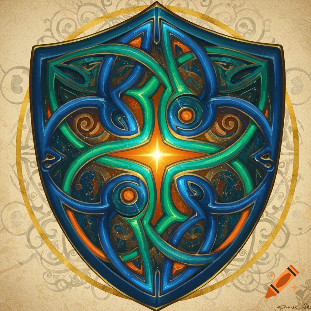 Vibrant, ornate shield with blue and green Celtic knotwork and a glowing golden star at its center.