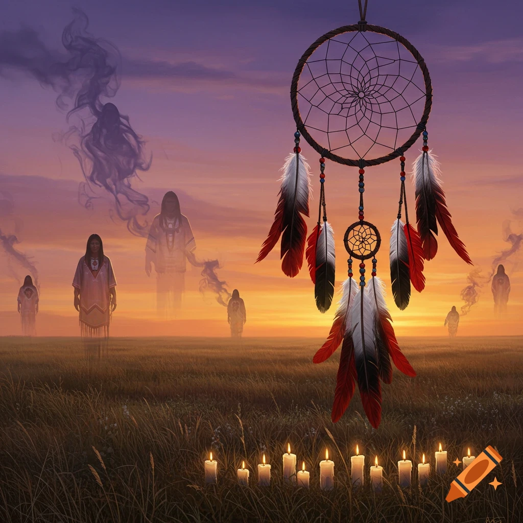 A large dreamcatcher hangs over a field with glowing candles, ethereal Native American figures, and a purple-orange sunset.