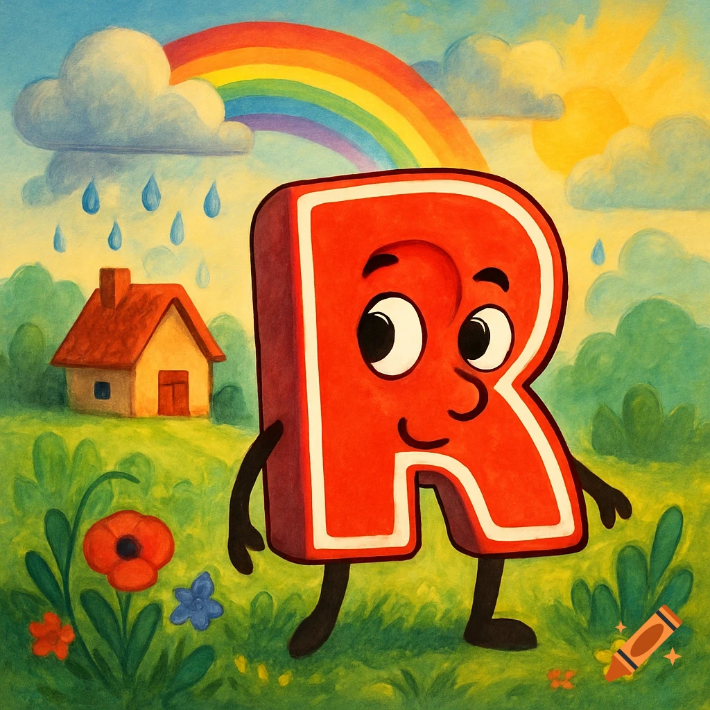 Cartoon letter R with a face, arms, and legs, standing in a sunny, green landscape with a rainbow and a small house.