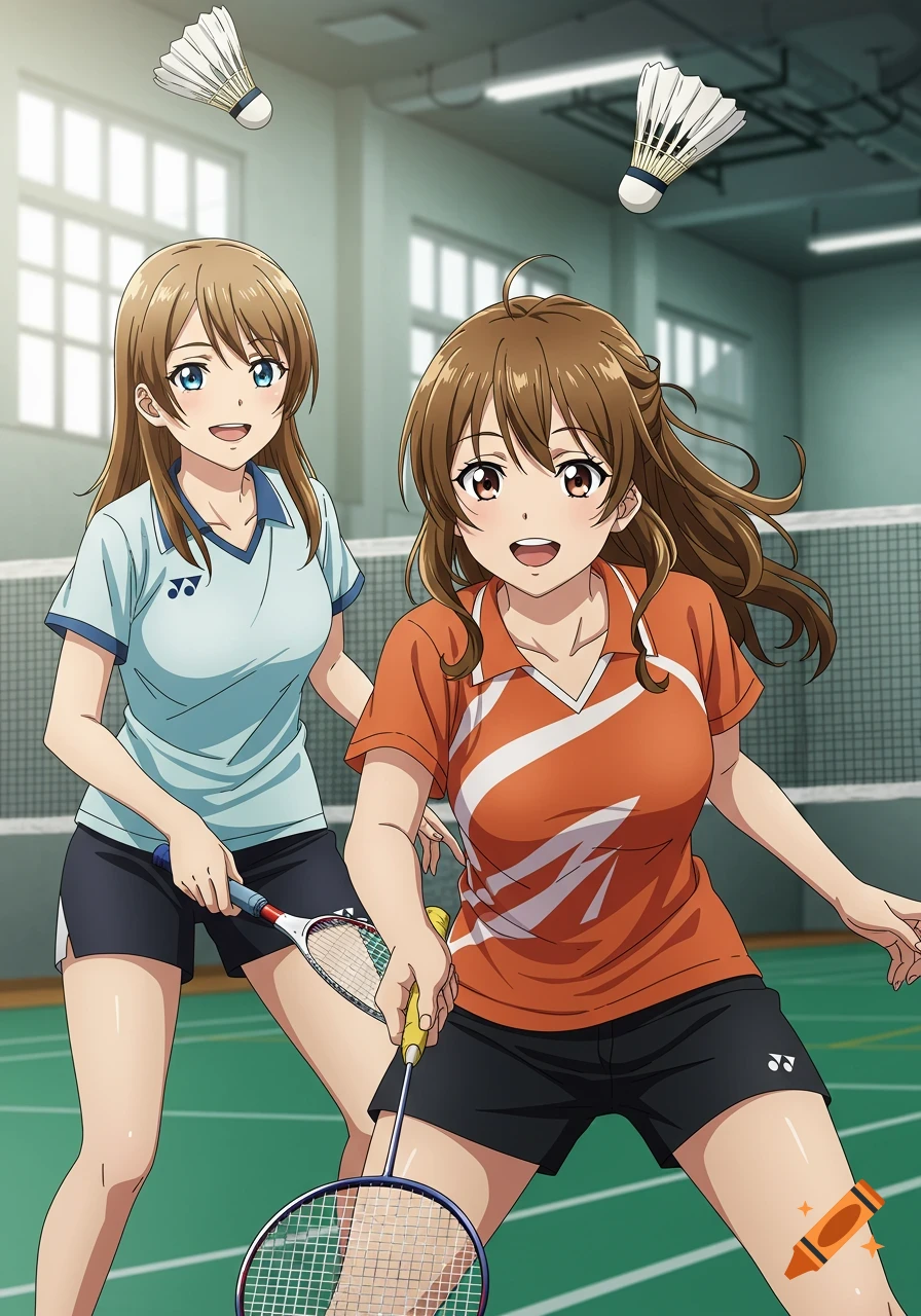 Two anime women in sporty outfits playing badminton on an indoor court, holding rackets and smiling.