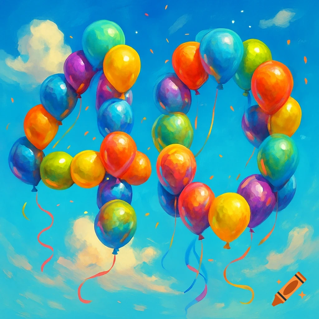 Colorful balloons arranged to form the number 40, floating against a vibrant blue sky with soft clouds, in a painterly style.