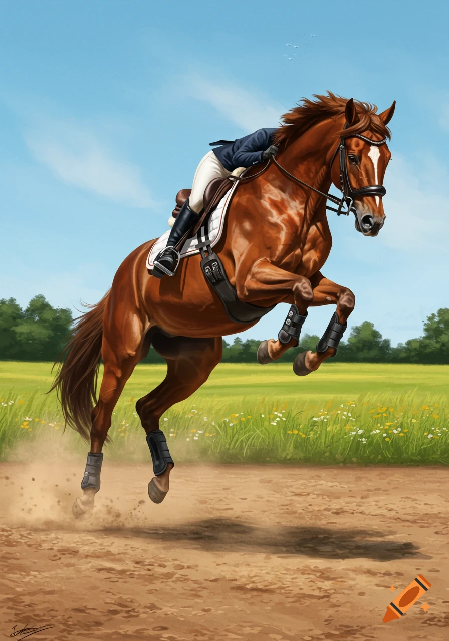 A brown show jumping horse and rider leap over a dirt path, with green fields and a blue sky in the background, digital painting.
