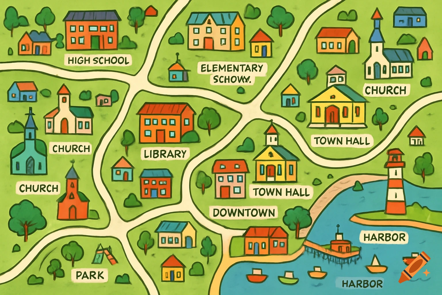 Colorful, kid-friendly illustrated map of a small coastal town with a harbor, lighthouse, schools, churches, town hall, library, and park.